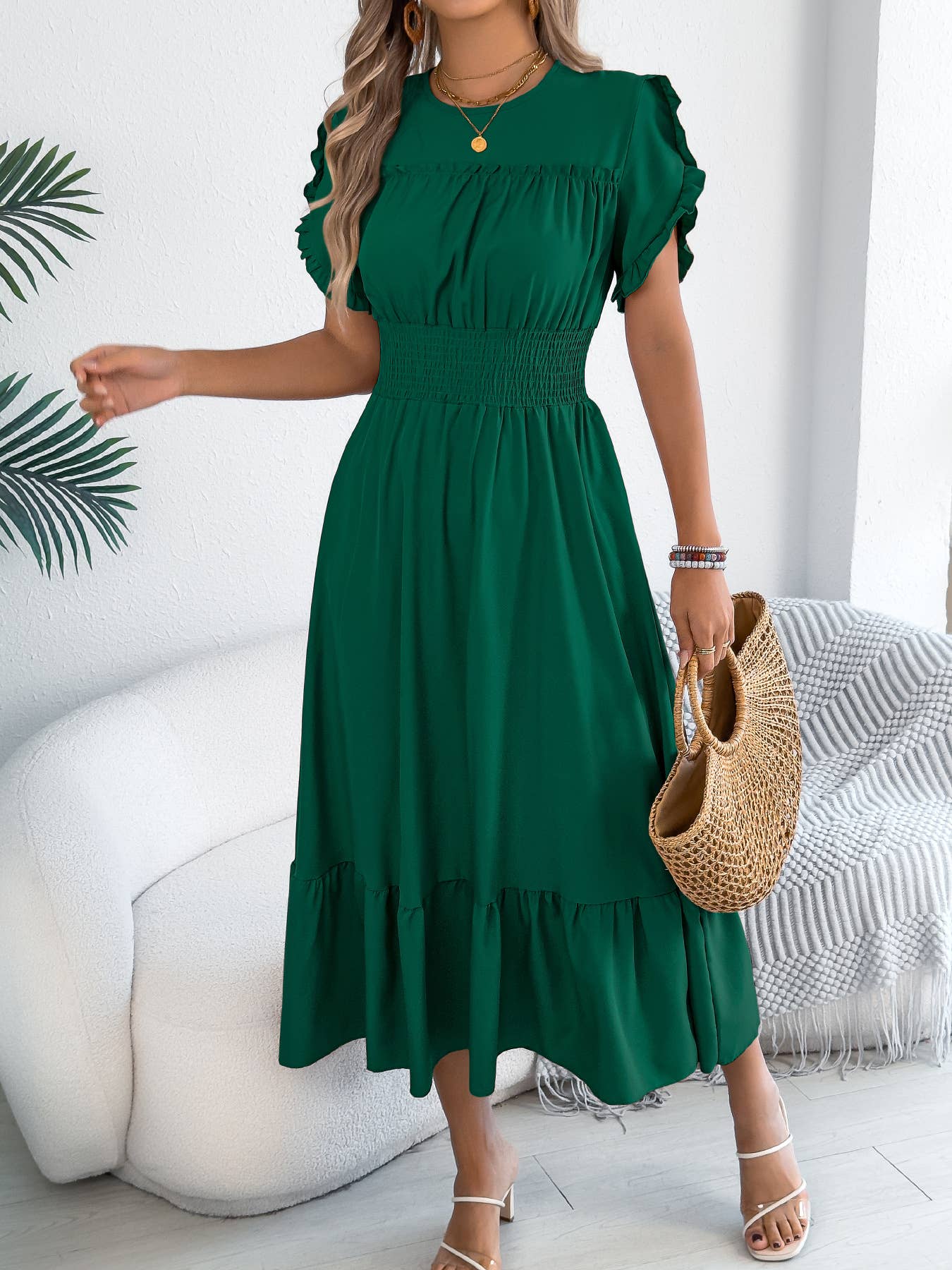 Smocked Waist Ruffle Sleeve Midi Dress