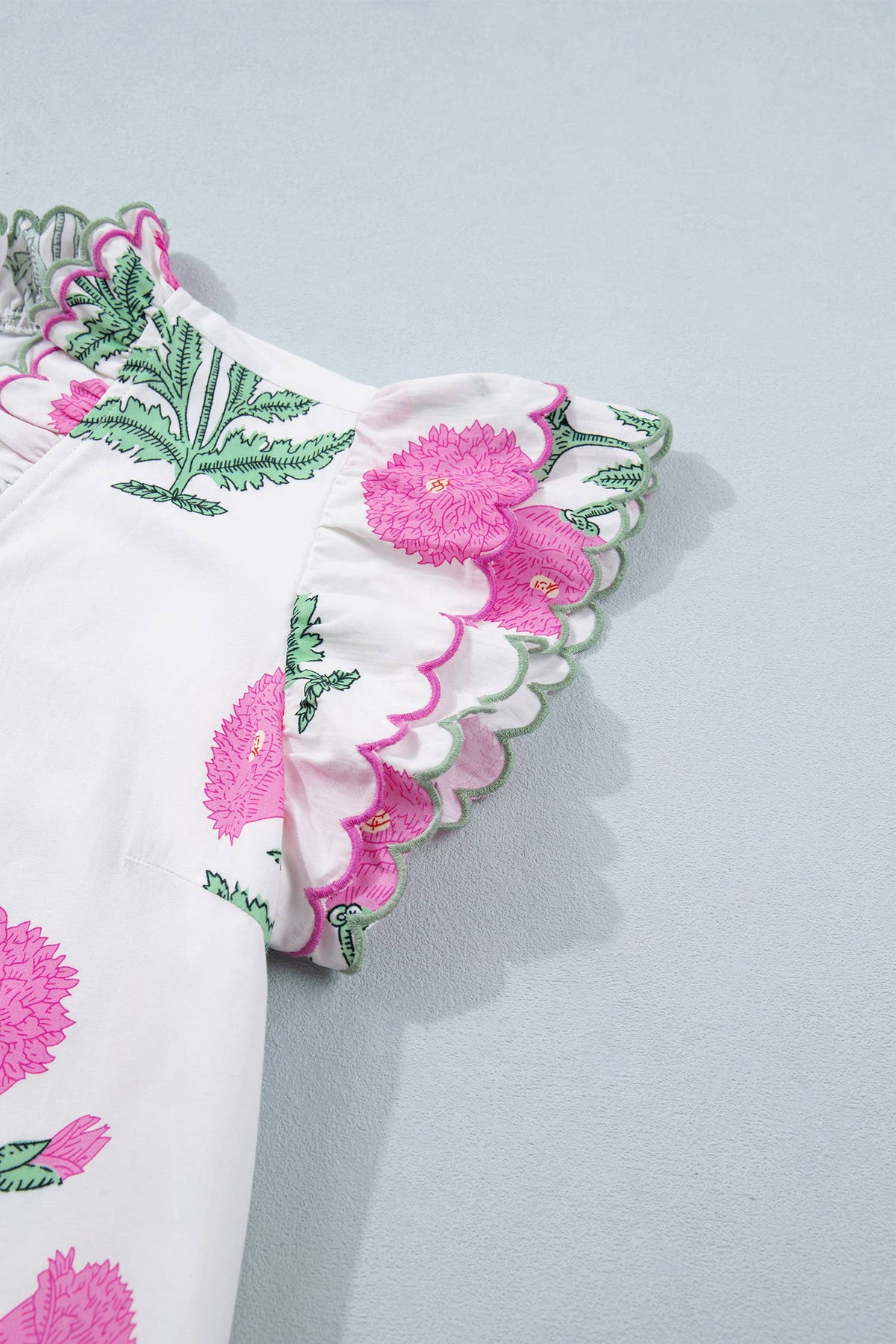 Floral Print Scalloped Trim V Neck Mini Dress (S-XL)