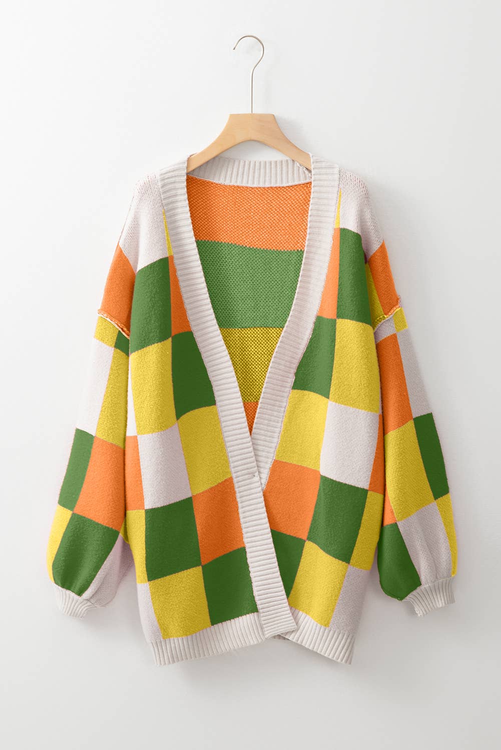 F/W Checkered Drop Shoulder Open Front Cardigan (S-XL)