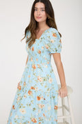 Floral Smocked Puff Sleeve A-line Midi Dress