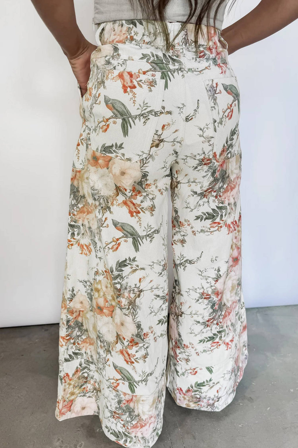Floral Print High Waisted Wide Leg Denim Jeans