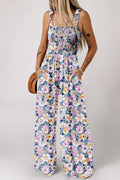 Spring Floral Print Smocked High Waist Square Neck Jumpsuit