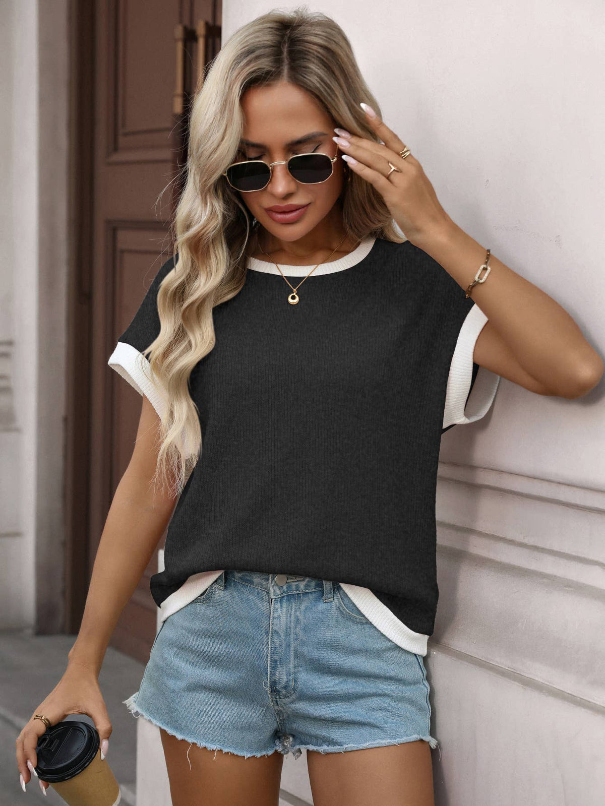 Summer Colorblock Knit Short Sleeve Casual Tee Top