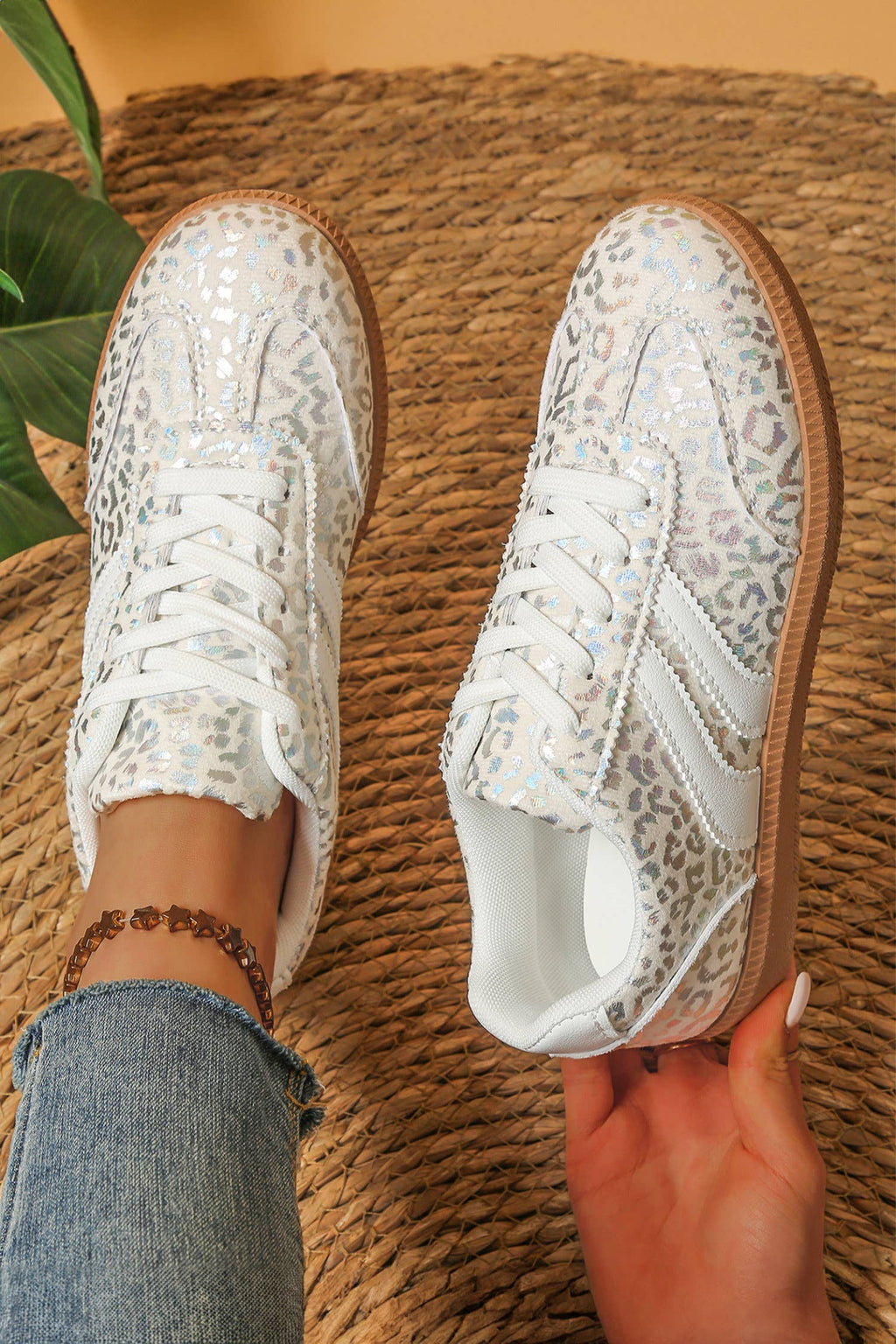 PU Leather Detail Shimmer Leopard Printed Lace-up Sneakers