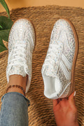 PU Leather Detail Shimmer Leopard Printed Lace-up Sneakers