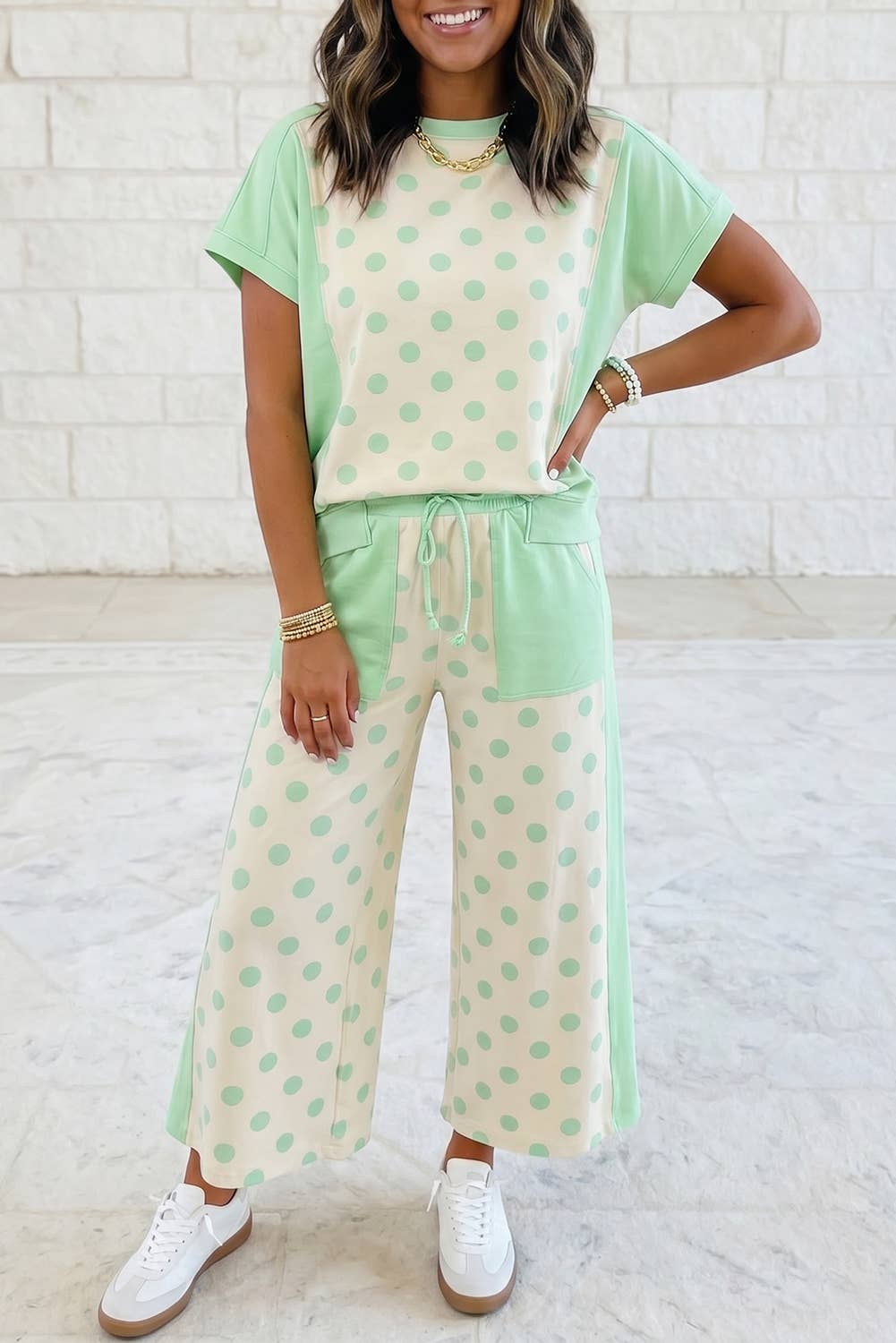 Colorblock Polka Dot Top Pocket Wide Leg Pant 2 PC Sets