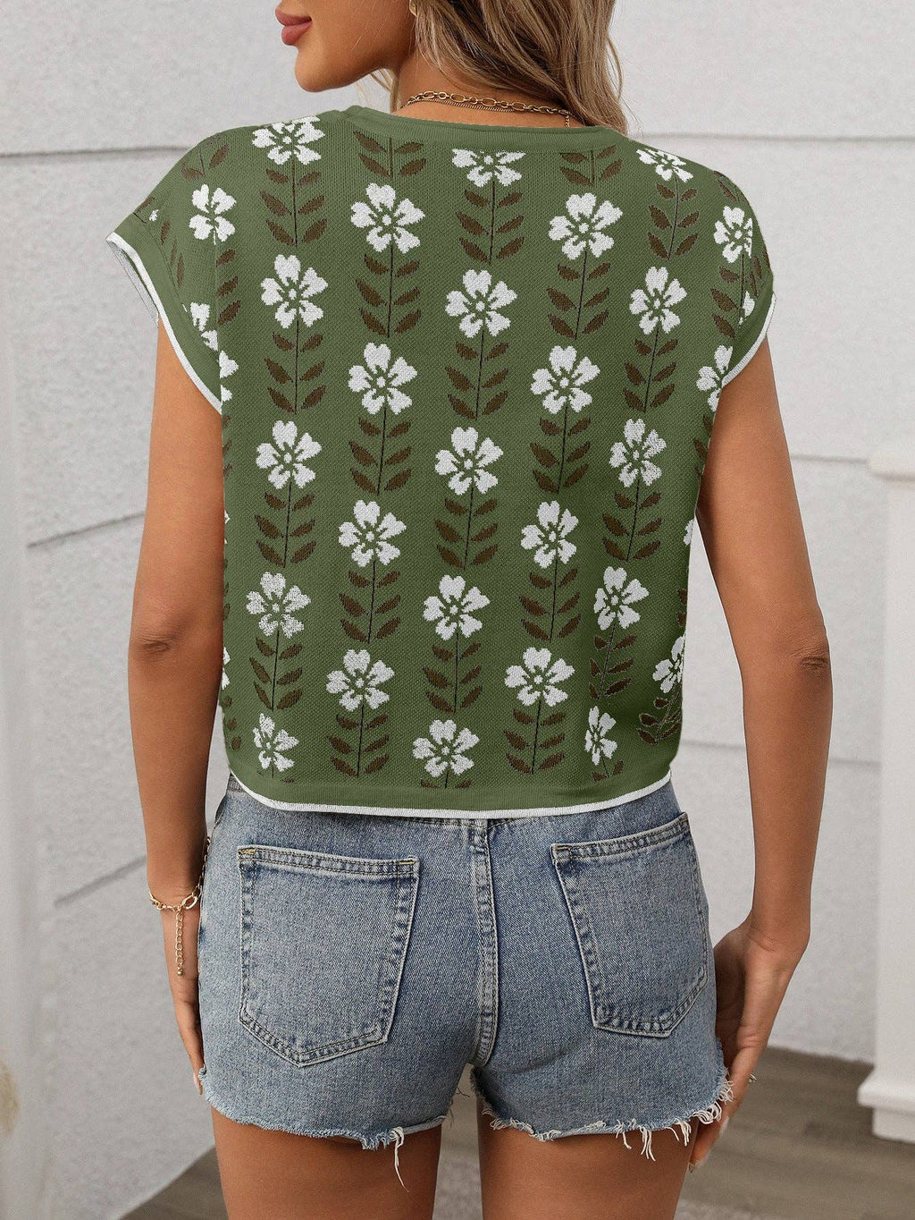Vintage Floral Crew Neck Knit Crop Top Short Sleeve
