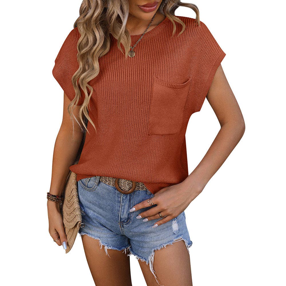 Women Crew Neck Short Sleeve Knit Top with Pocket
