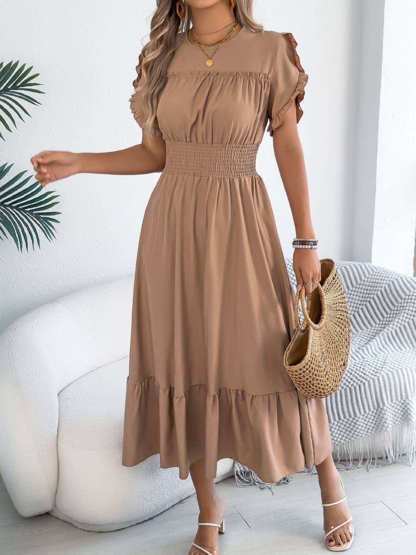 Smocked Waist Ruffle Sleeve Midi Dress