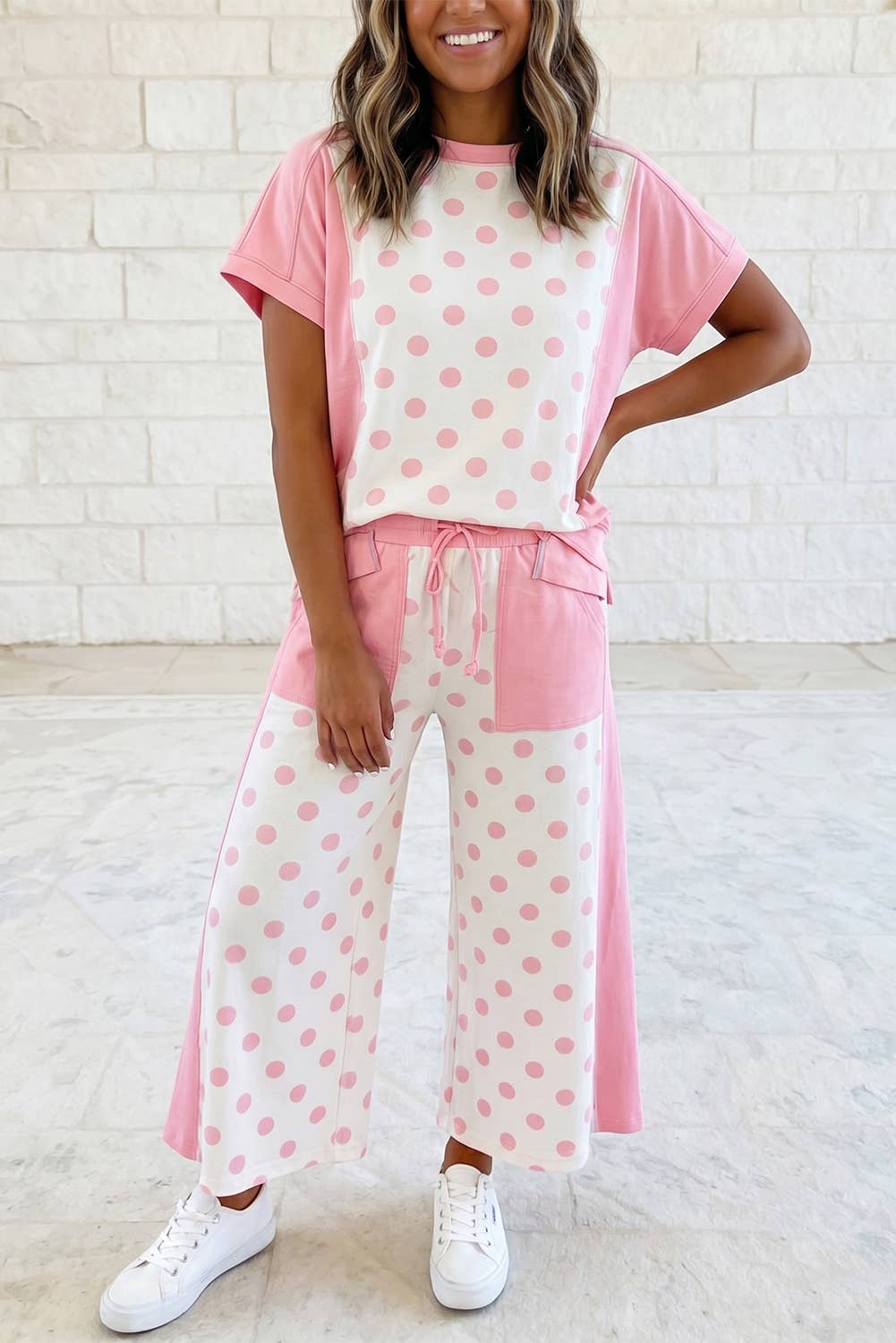 Colorblock Polka Dot Top Pocket Wide Leg Pant 2 PC Sets