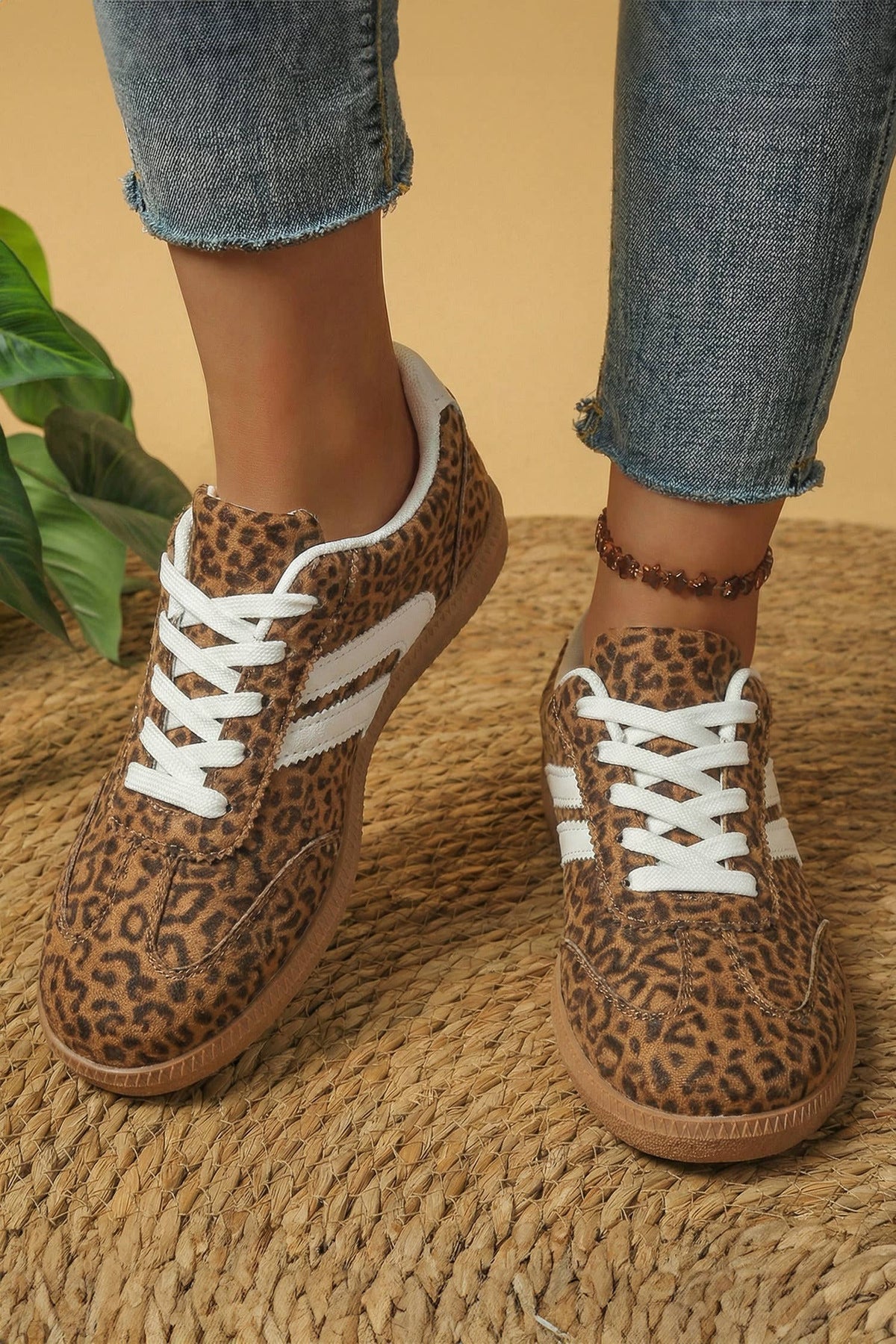 PU Leather Detail Shimmer Leopard Printed Lace-up Sneakers
