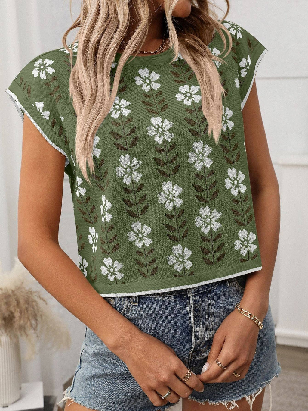 Vintage Floral Crew Neck Knit Crop Top Short Sleeve