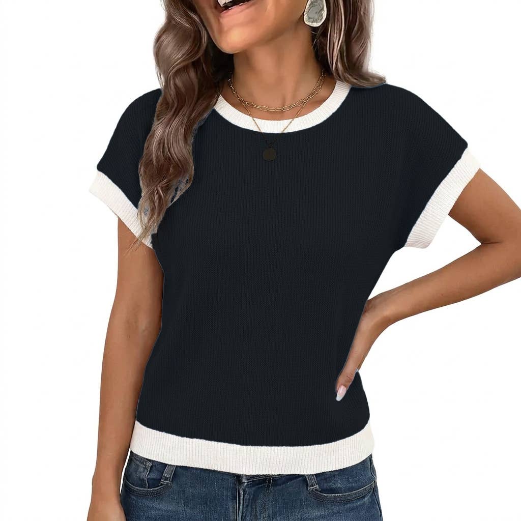Summer Colorblock Knit Short Sleeve Casual Tee Top