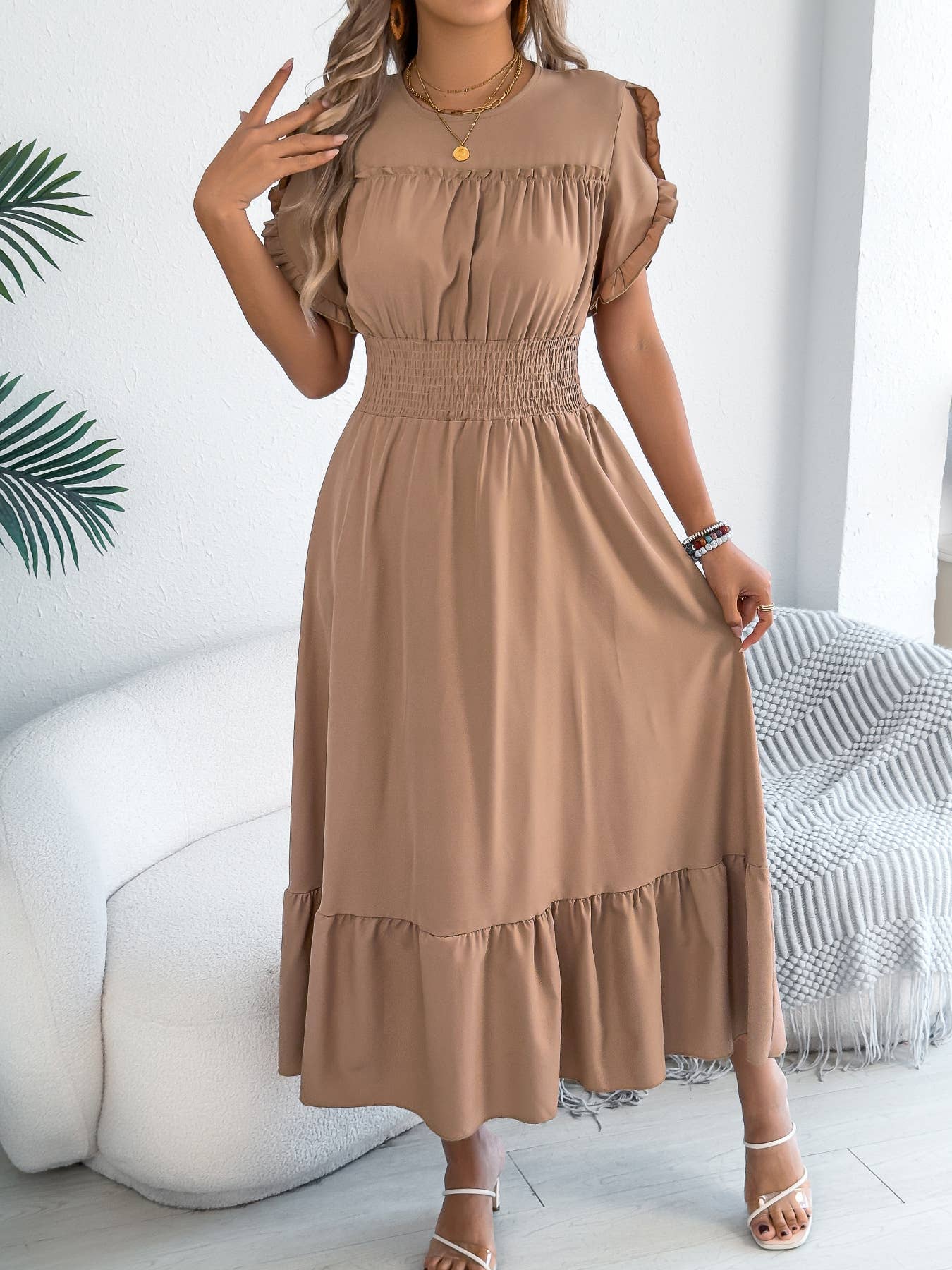 Smocked Waist Ruffle Sleeve Midi Dress