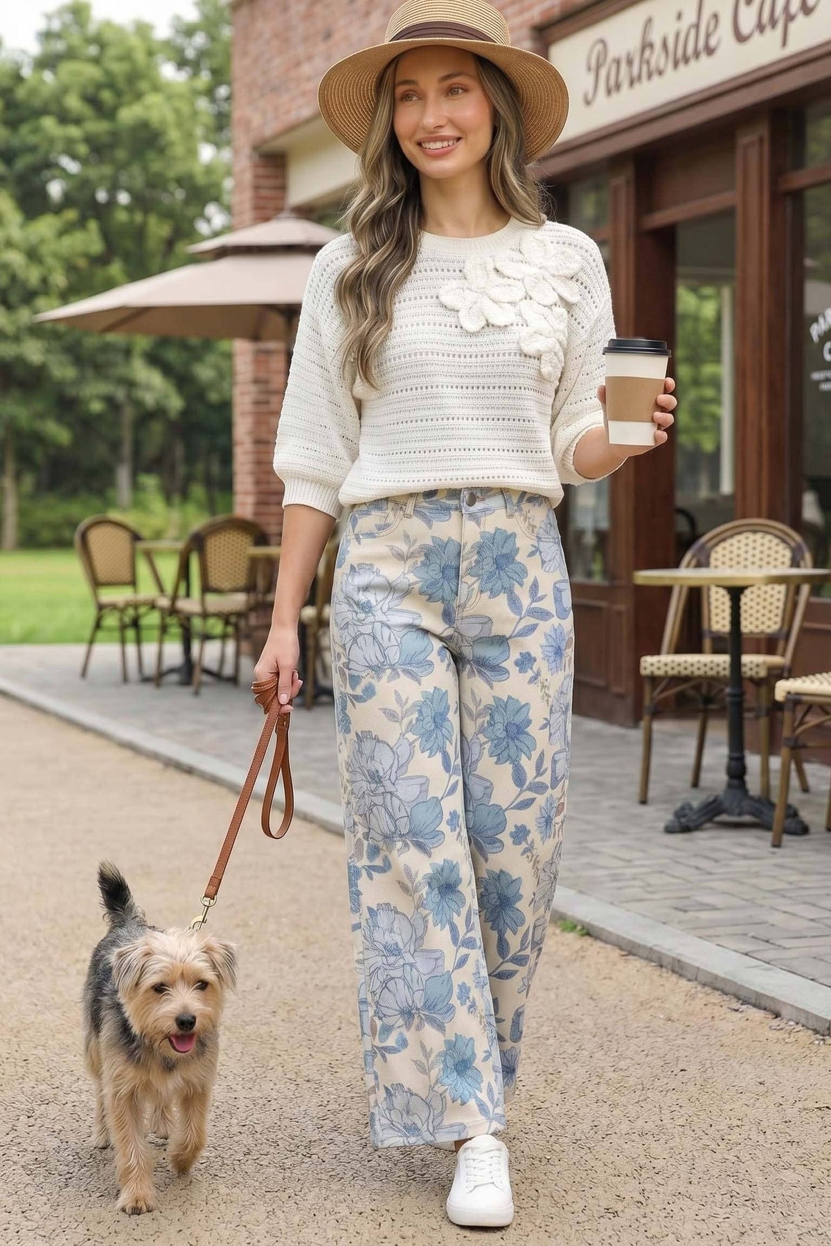 Floral Print Straight Leg Cotton Span Jean Pants VP83031A