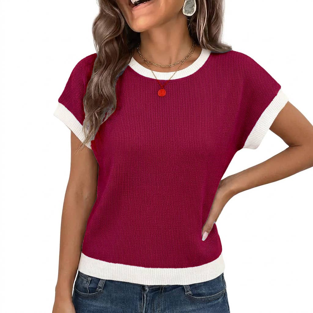 Summer Colorblock Knit Short Sleeve Casual Tee Top