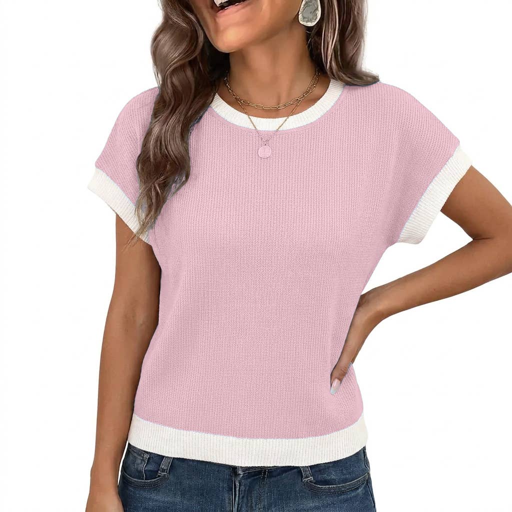 Summer Colorblock Knit Short Sleeve Casual Tee Top
