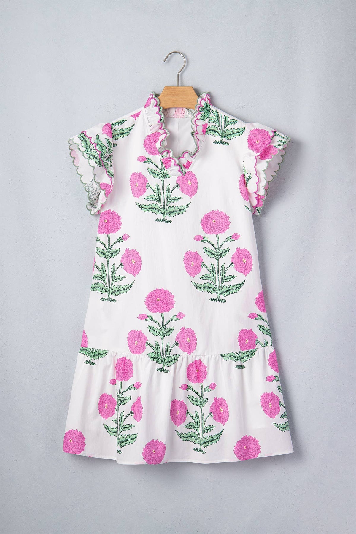 Floral Print Scalloped Trim V Neck Mini Dress (S-XL)
