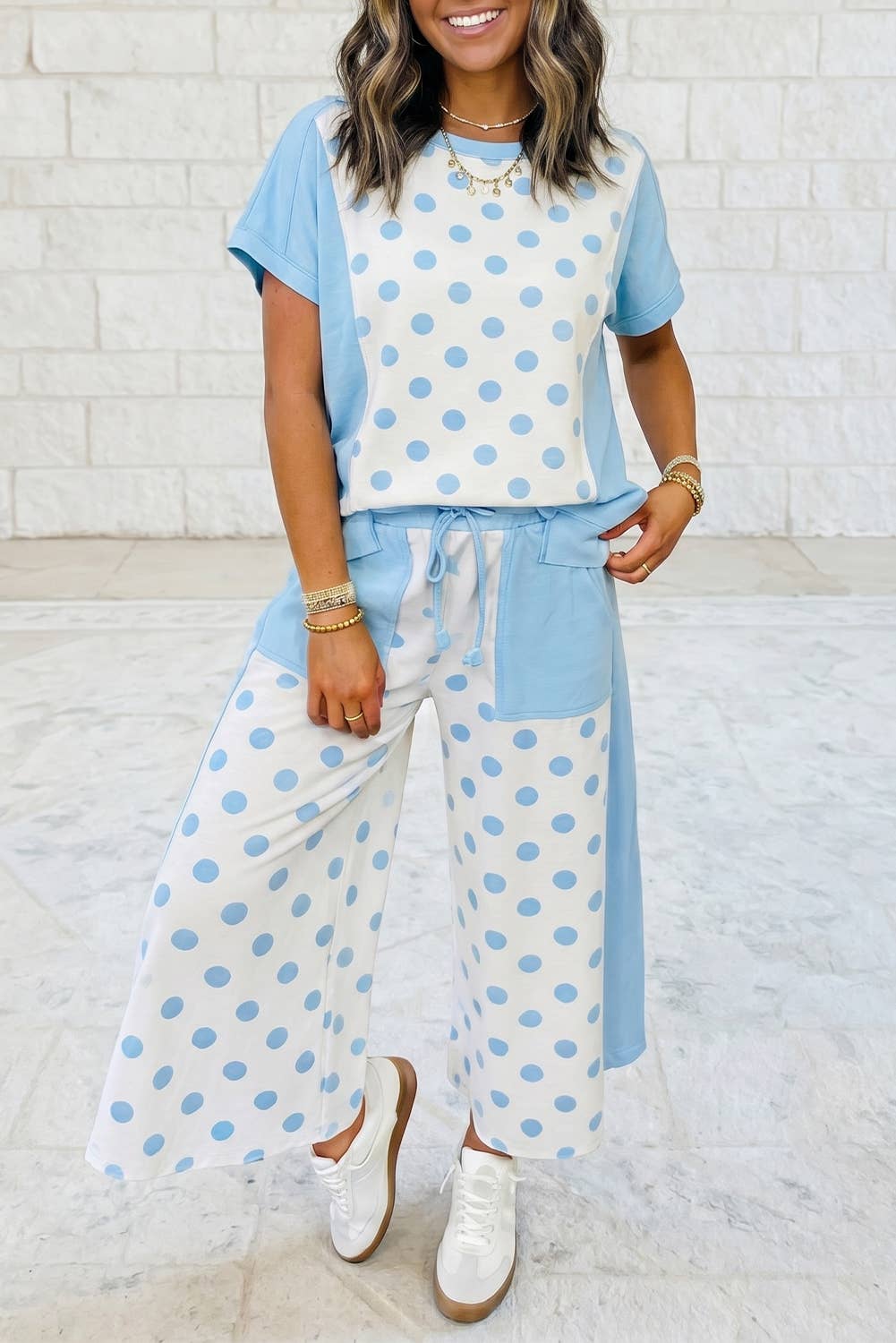 Colorblock Polka Dot Top Pocket Wide Leg Pant 2 PC Sets
