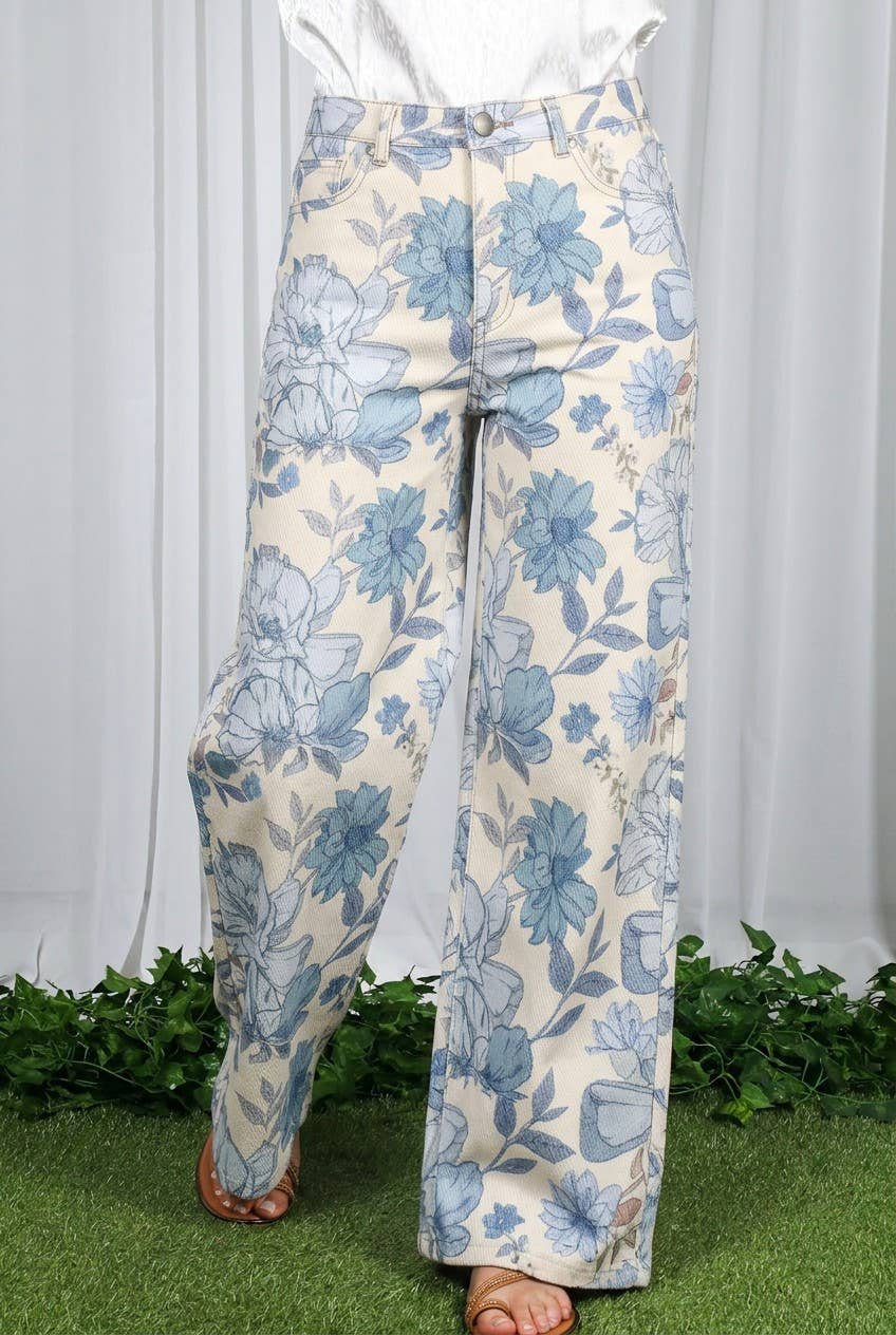 Floral Print Straight Leg Cotton Span Jean Pants VP83031A
